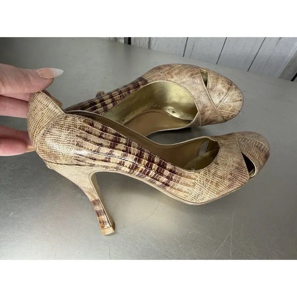 BCBG Girls Vintage Y2K Leather Snake Print Heels Brown Tan Size 6.5